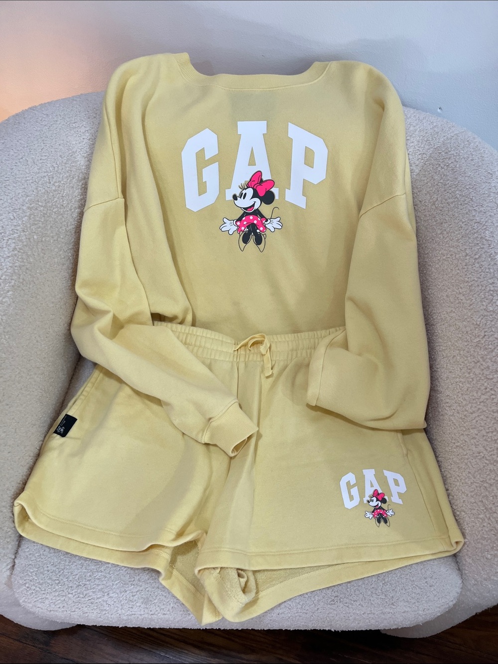 GAP x Disney Yellow Minnie Mouse Sweatshirt and Shorts Set Butter Yellow Medium